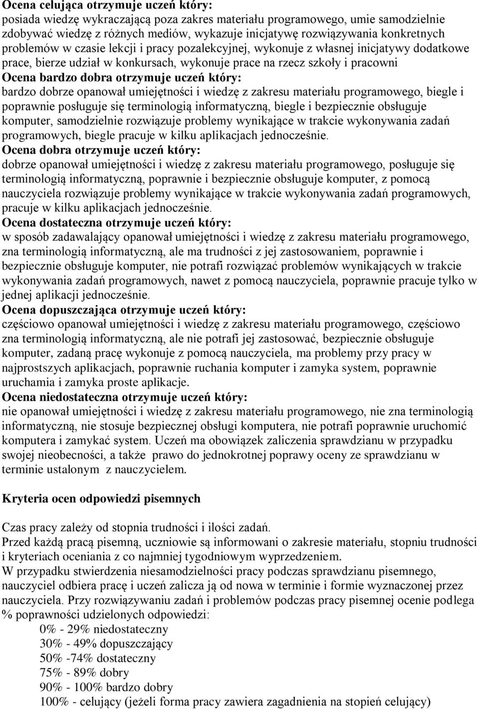 uczeń który: bardzo dobrze opanował umiejętności i wiedzę z zakresu materiału programowego, biegle i poprawnie posługuje się terminologią informatyczną, biegle i bezpiecznie obsługuje komputer,