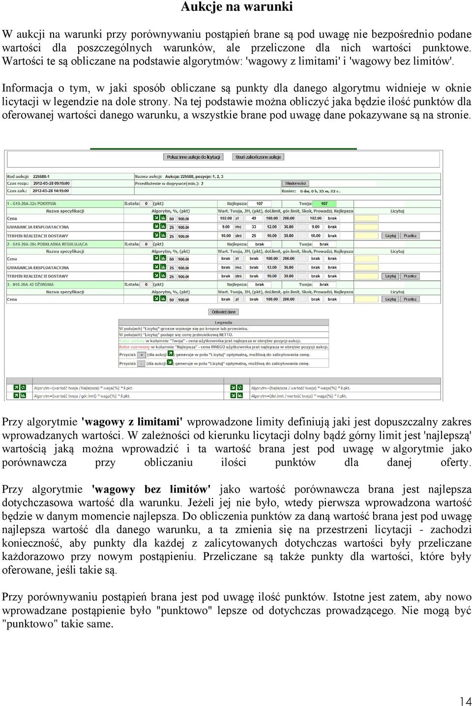 Informacja o tym, w jaki sposób obliczane są punkty dla danego algorytmu widnieje w oknie licytacji w legendzie na dole strony.