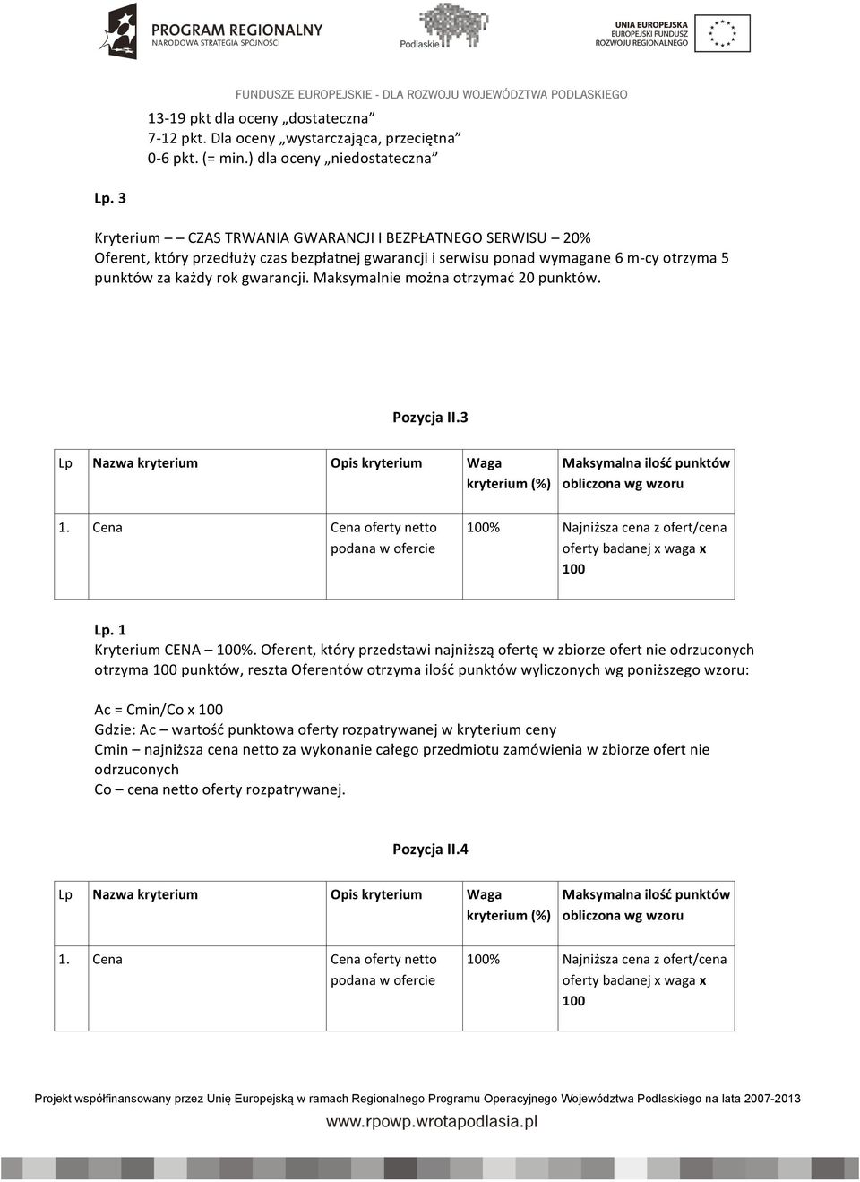 Maksymalnie można otrzymać 20 punktów. Pozycja II.3 Lp Nazwa kryterium Opis kryterium Waga kryterium (%) Maksymalna ilość punktów obliczona wg wzoru 1.