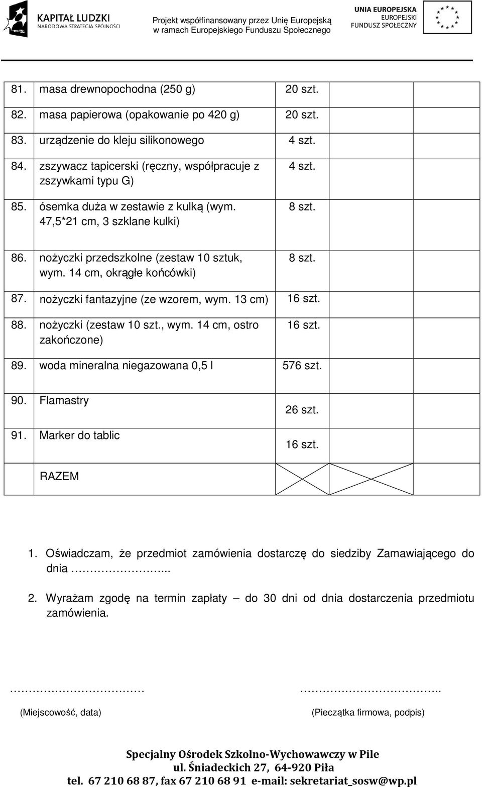 13 cm) 16 szt. 88. nożyczki (zestaw 10 szt., wym. 14 cm, ostro zakończone) 16 szt. 89. woda mineralna niegazowana 0,5 l 576 szt. 90. Flamastry 91. Marker do tablic 26 szt. 16 szt. RAZEM 1.