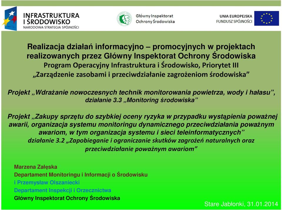 3 Monitoring środowiska Projekt Zakupy sprzętu do szybkiej oceny ryzyka w przypadku wystąpienia poważnej awarii, organizacja systemu monitoringu dynamicznego przeciwdziałania poważnym awariom, w tym