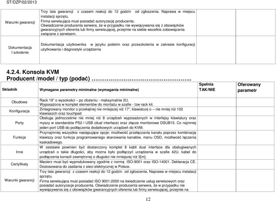 Dokumentacja I szkolenie Dokumentacja użytkownika w języku polskim oraz przeszkolenia w zakresie konfiguracji użytkowania i diagnostyki urządzenia 4.2.4. Konsola KVM Producent /model / typ (podać).