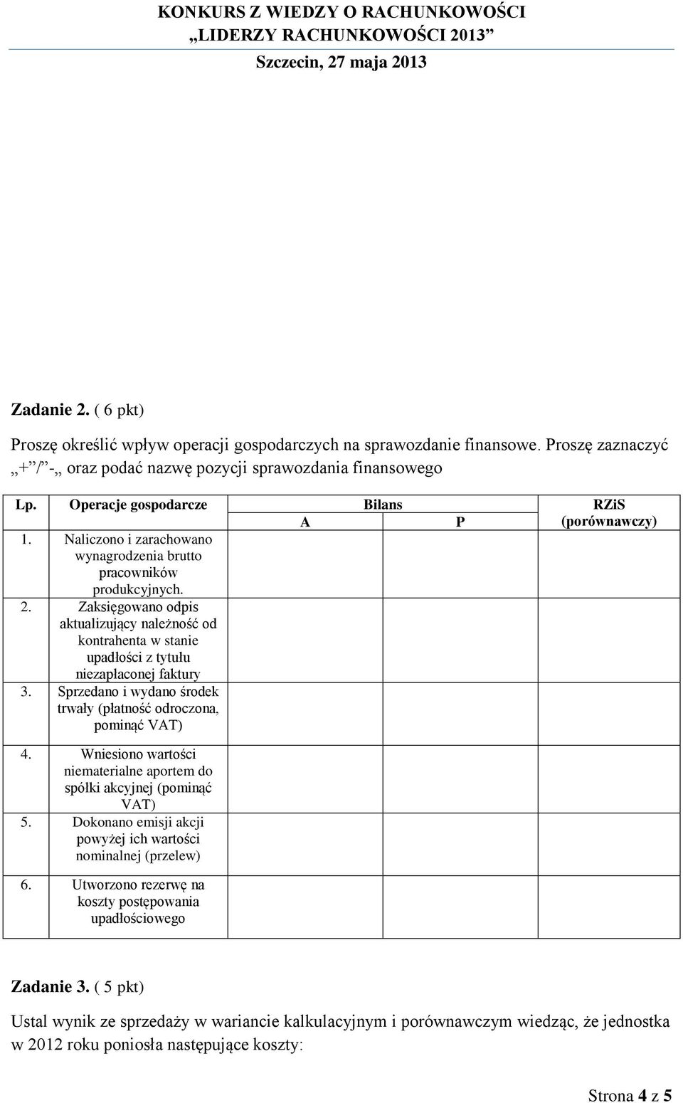 Zaksięgowano odpis aktualizujący należność od kontrahenta w stanie upadłości z tytułu niezapłaconej faktury 3. Sprzedano i wydano środek trwały (płatność odroczona, pominąć VAT) 4.
