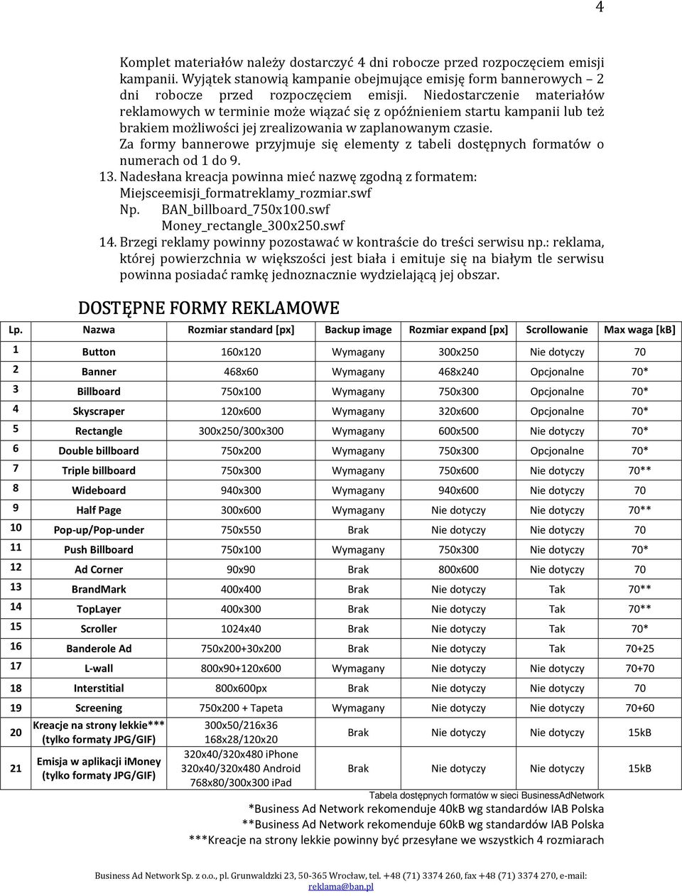 Za formy bannerowe przyjmuje się elementy z tabeli dostępnych formatów o numerach od 1 do 9. 13. Nadesłana kreacja powinna mieć nazwę zgodną z formatem: Miejsceemisji_formatreklamy_rozmiar.swf Np.