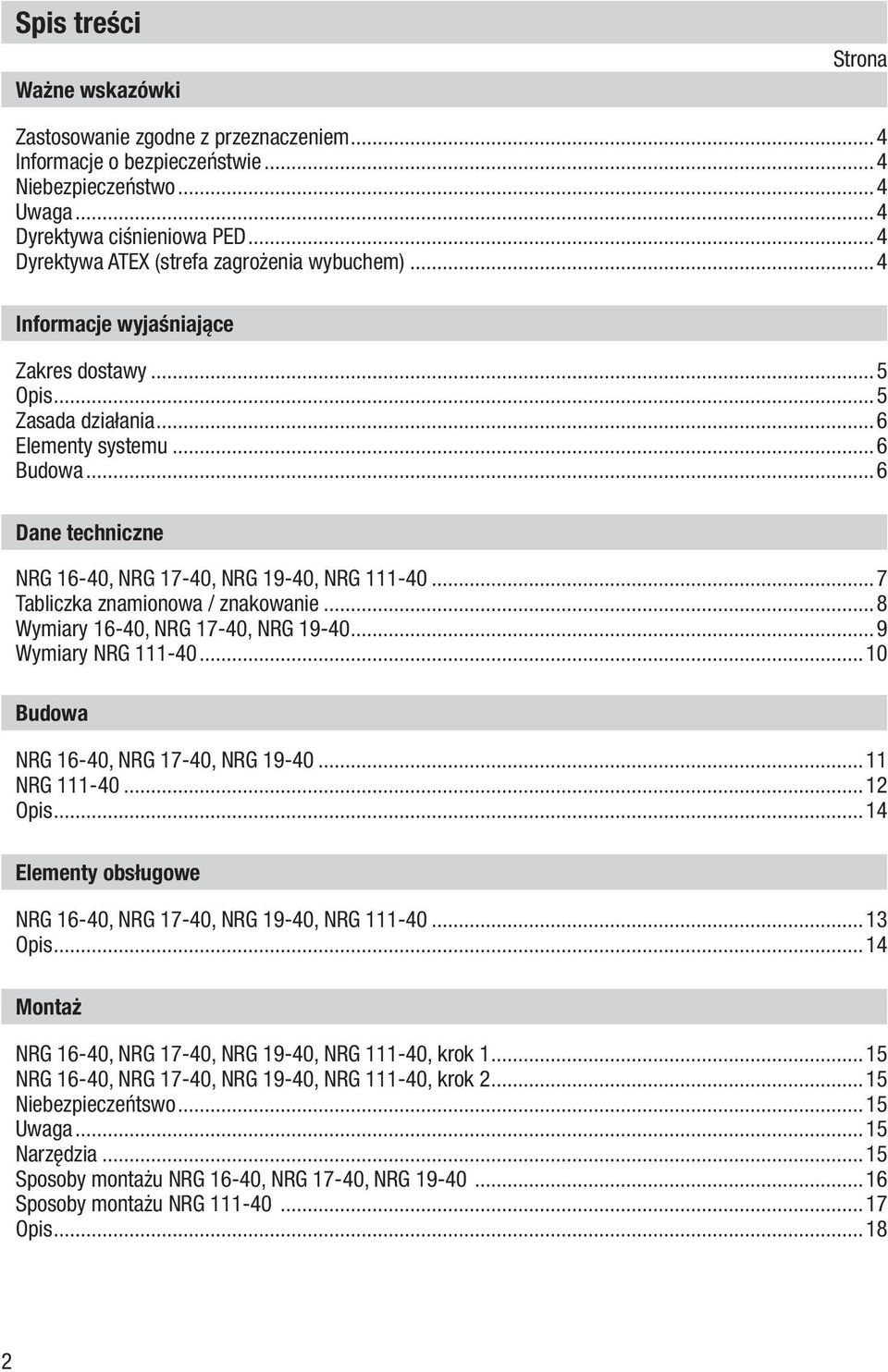 ..6 Dane techniczne NRG 16-40, NRG 17-40, NRG 19-40, NRG 111-40...7 Tabliczka znamionowa / znakowanie...8 Wymiary 16-40, NRG 17-40, NRG 19-40...9 Wymiary NRG 111-40.