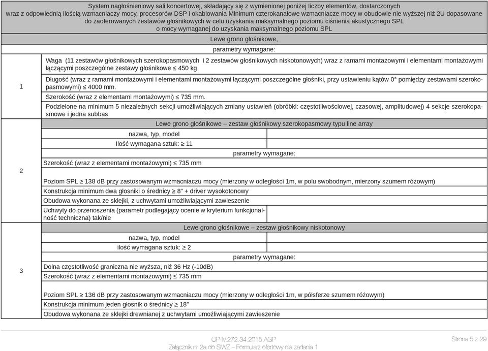 uzyskania maksymalnego poziomu SPL 1 2 3 Lewe grono głośnikowe, Waga (11 zestawów głośnikowych szerokopasmowych i 2 zestawów głośnikowych niskotonowych) wraz z ramami montażowymi i elementami