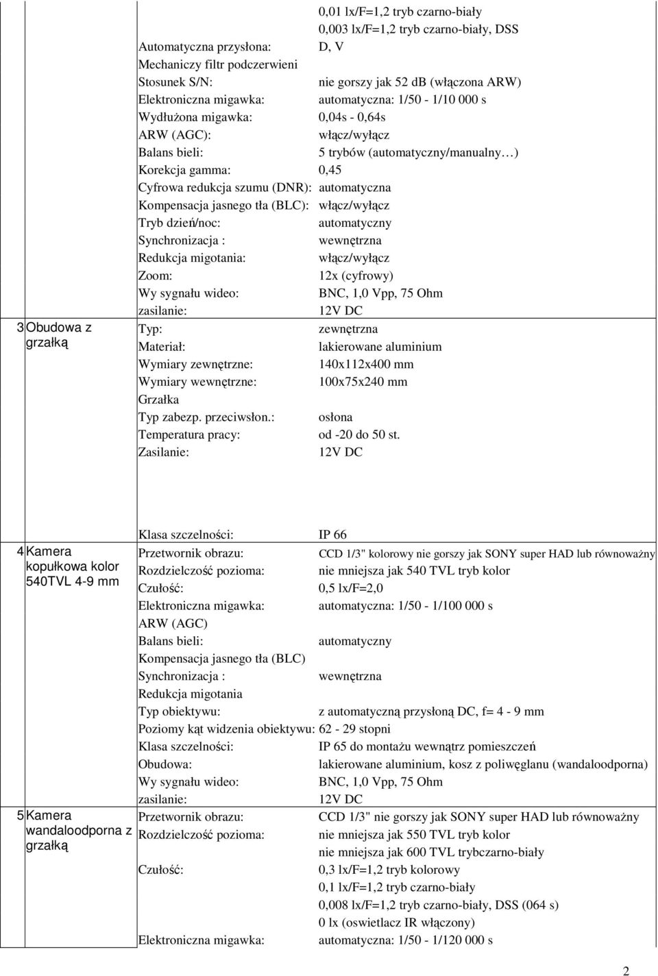 jasnego tła (BLC): Tryb dzień/noc: Redukcja migotania: Zoom: 12x (cyfrowy) Typ: zewnętrzna Materiał: lakierowane aluminium Wymiary zewnętrzne: 140x112x400 mm Wymiary wewnętrzne: 100x75x240 mm Grzałka