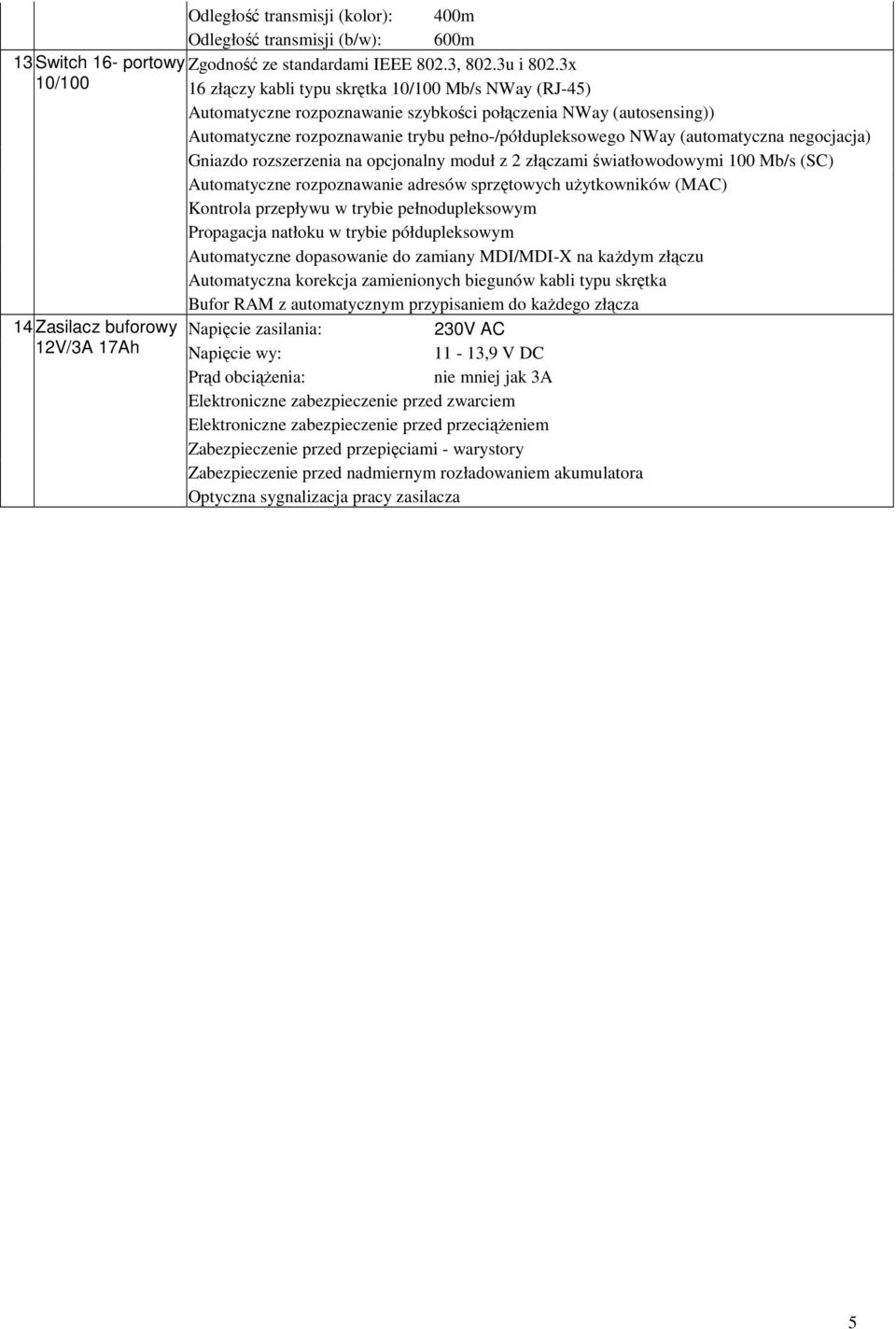 (automatyczna negocjacja) Gniazdo rozszerzenia na opcjonalny moduł z 2 złączami światłowodowymi 100 Mb/s (SC) Automatyczne rozpoznawanie adresów sprzętowych uŝytkowników (MAC) Kontrola przepływu w