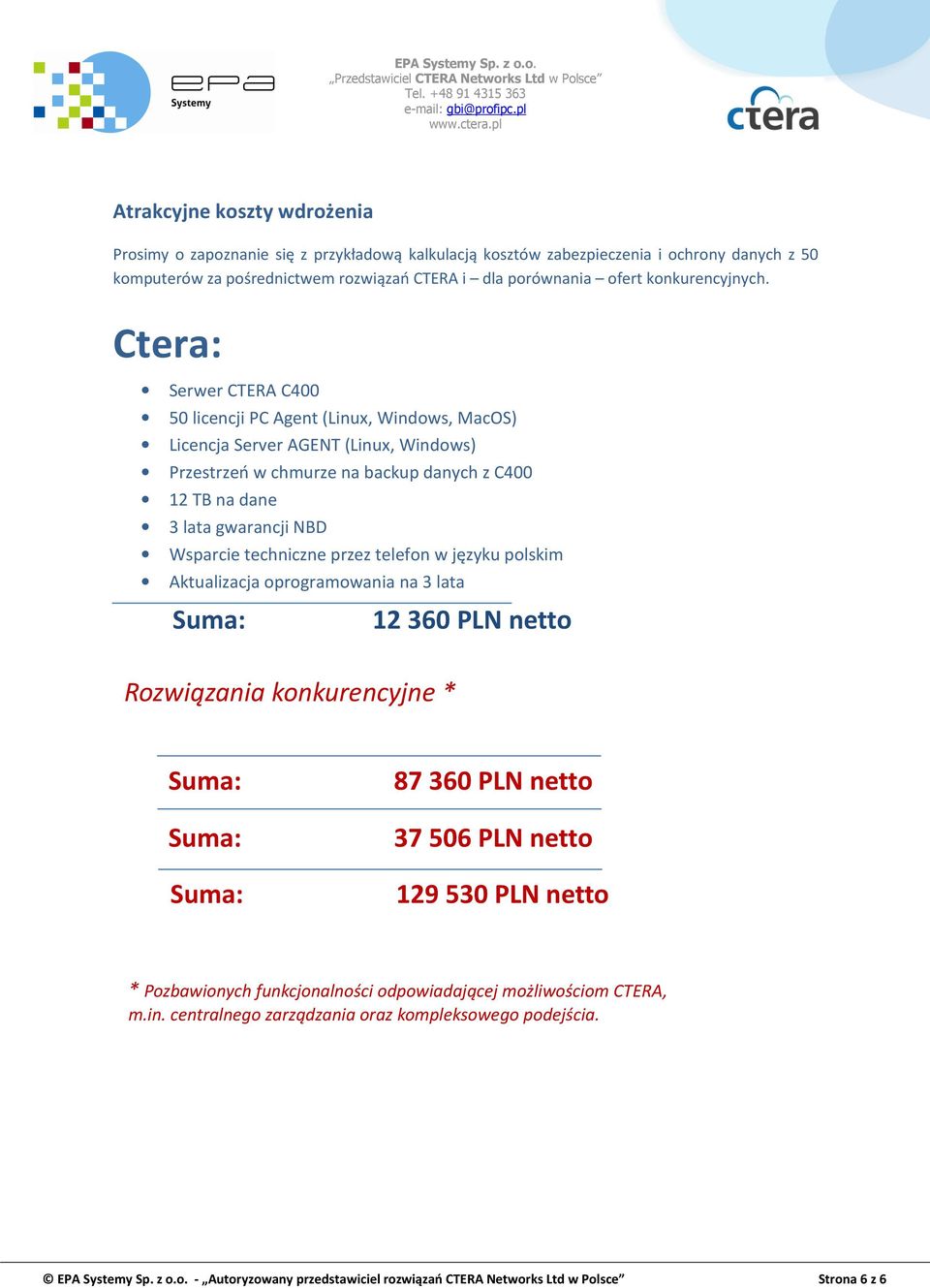 Ctera: Serwer CTERA C400 50 licencji PC Agent (Linux, Windows, MacOS) Licencja Server AGENT (Linux, Windows) Przestrzeń w chmurze na backup danych z C400 12 TB na dane 3 lata gwarancji NBD Wsparcie