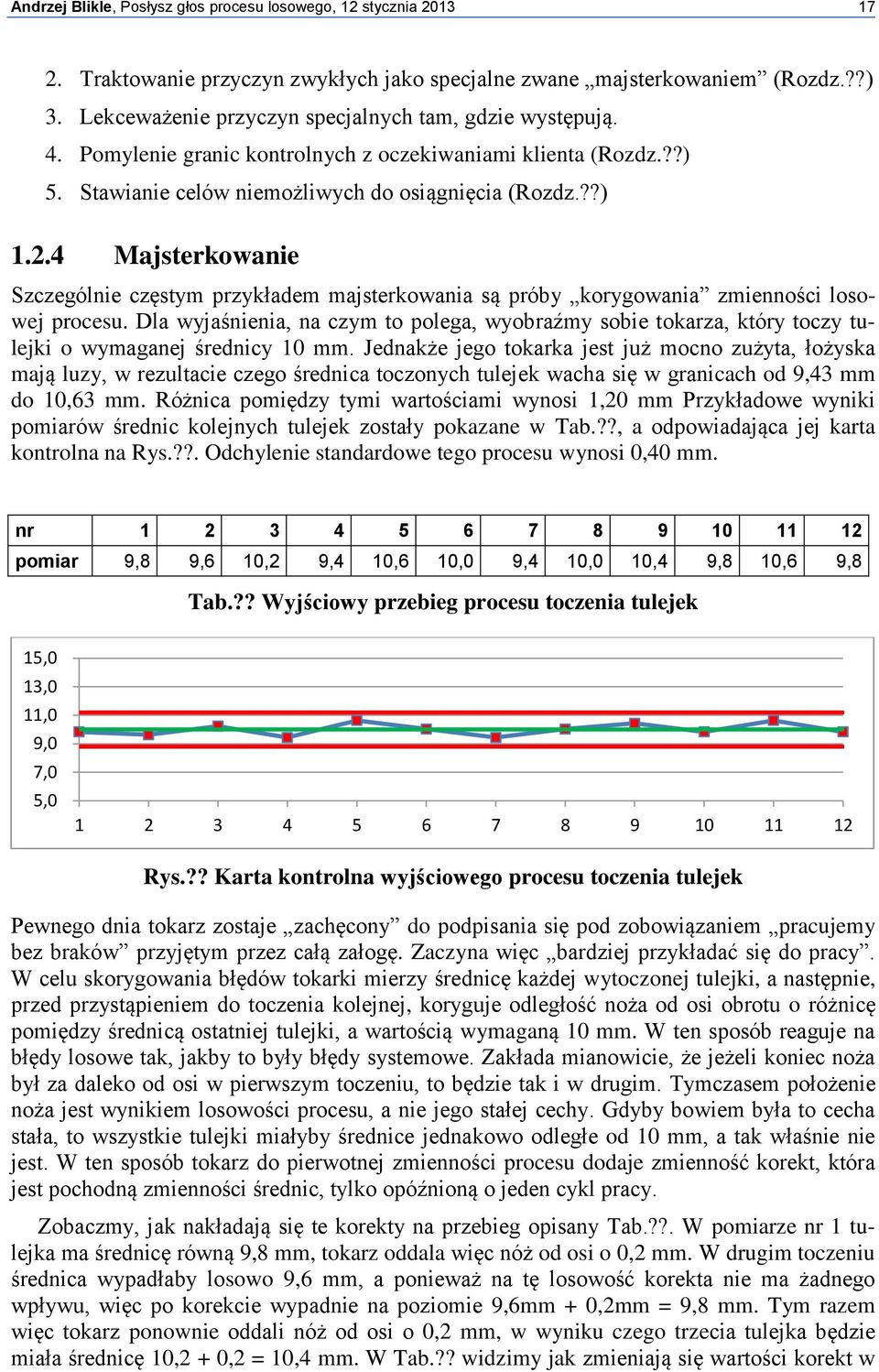 4 Majsterkowanie Szczególnie częstym przykładem majsterkowania są próby korygowania zmienności losowej procesu.