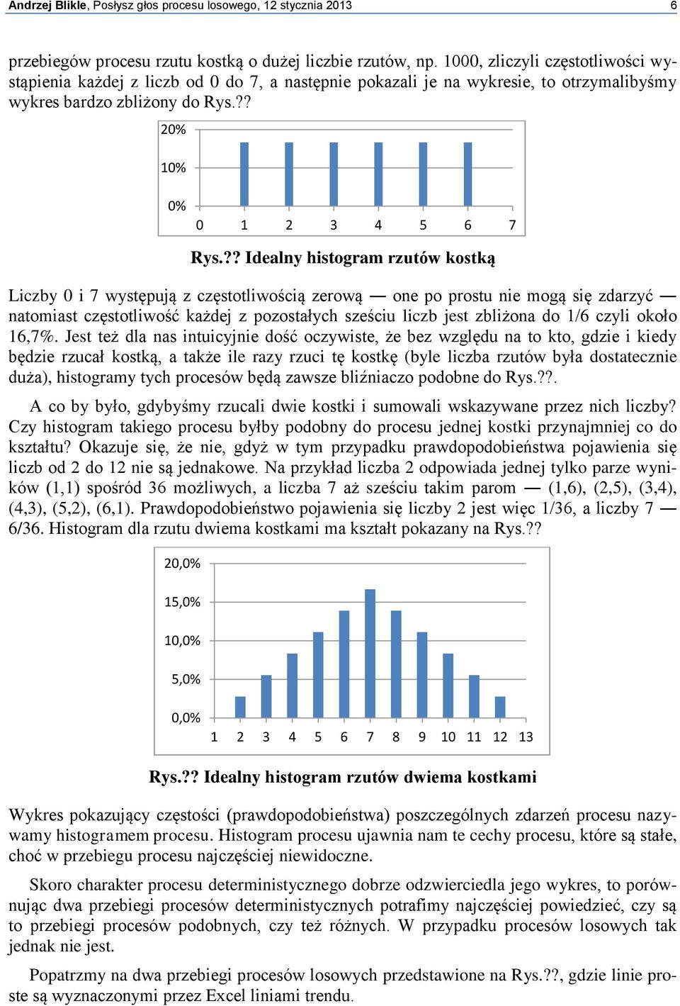 ?? Idealny histogram rzutów kostką Liczby 0 i 7 występują z częstotliwością zerową one po prostu nie mogą się zdarzyć natomiast częstotliwość każdej z pozostałych sześciu liczb jest zbliżona do 1/6