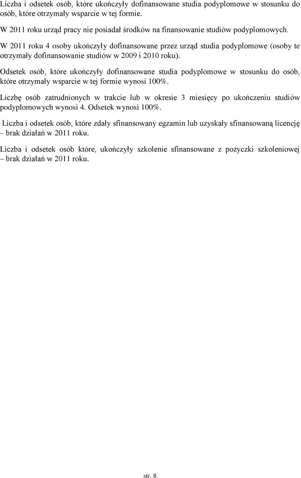 W 2011 roku 4 osoby ukończyły dofinansowane przez urząd studia podyplomowe (osoby te otrzymały dofinansowanie studiów w 2009 i 2010 roku).