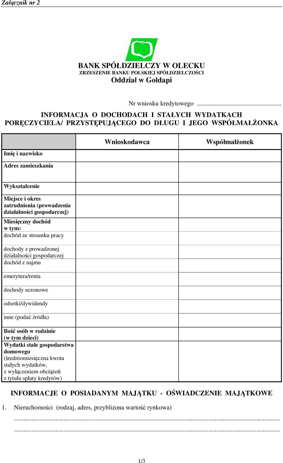 zatrudnienia (prowadzenia działalności gospodarczej) Miesięczny dochód w tym: dochód ze stosunku pracy dochody z prowadzonej działalności gospodarczej dochód z najmu emerytura/renta dochody sezonowe