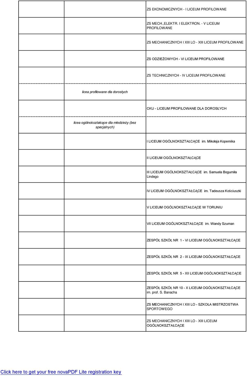 PROFILOWANE DLA DOROSŁYCH licea ogólnokształcące dla młodzieży (bez specjalnych) I LICEUM OGÓLNOKSZTAŁCĄCE im. Mikołaja Kopernika II LICEUM OGÓLNOKSZTAŁCĄCE III LICEUM OGÓLNOKSZTAŁCĄCE im.