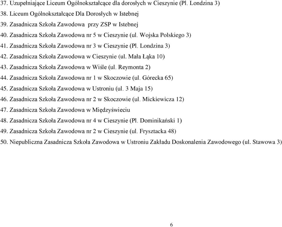 Zasadnicza Szkoła Zawodowa w Wiśle (ul. Reymonta 2) 44. Zasadnicza Szkoła Zawodowa nr 1 w Skoczowie (ul. Górecka 65) 45. Zasadnicza Szkoła Zawodowa w Ustroniu (ul. 3 Maja 15) 46.