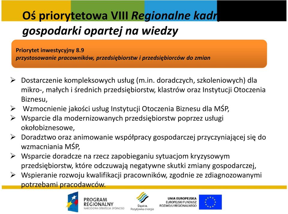 doradczych, szkoleniowych) dla mikro-, małych i średnich przedsiębiorstw, klastrów oraz Instytucji Otoczenia Biznesu, Wzmocnienie jakości usług Instytucji Otoczenia Biznesu dla MŚP, Wsparcie dla