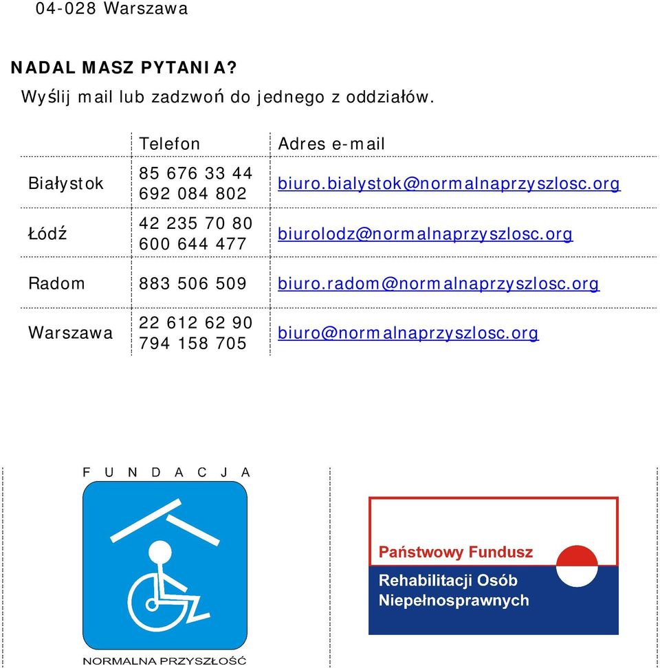 biuro.bialystok@normalnaprzyszlosc.org biurolodz@normalnaprzyszlosc.