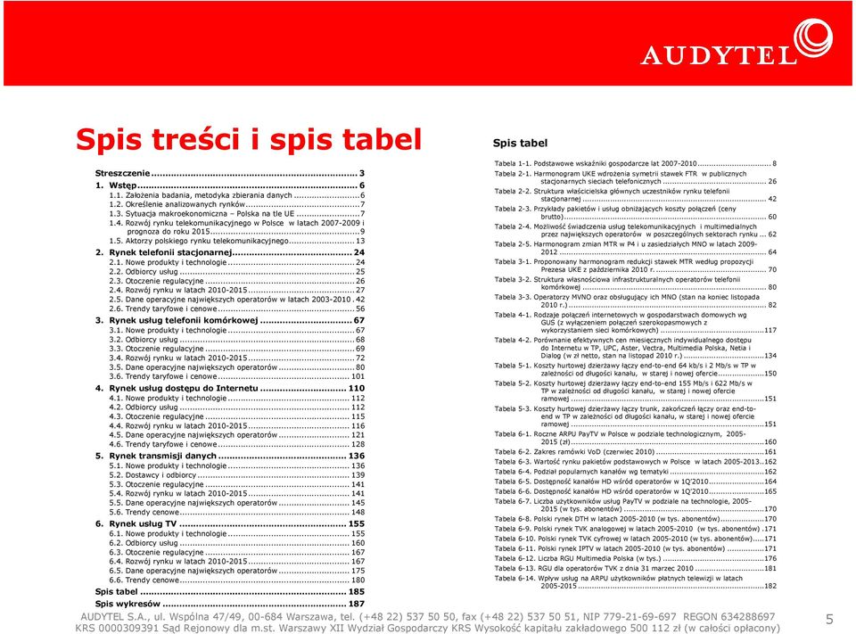 .. 24 2.2. Odbiorcy usług... 25 2.3. Otoczenie regulacyjne... 26 2.4. Rozwój rynku w latach 2010-2015... 27 2.5. Dane operacyjne największych operatorów w latach 2003-2010. 42 2.6. Trendy taryfowe i cenowe.