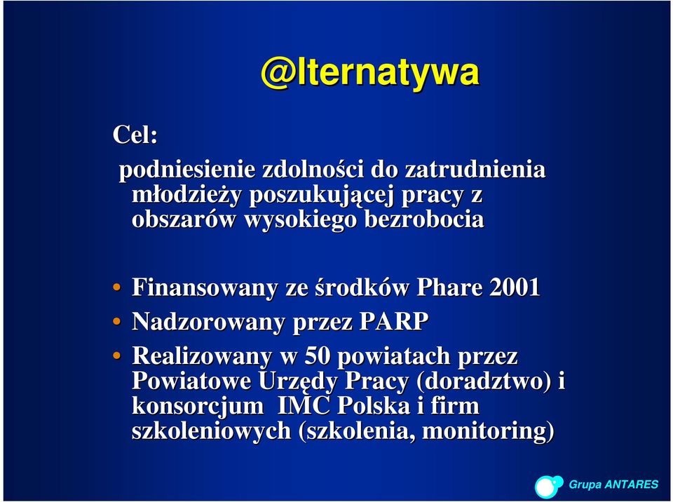 Phare 2001 Nadzorowany przez PARP Realizowany w 50 powiatach przez Powiatowe