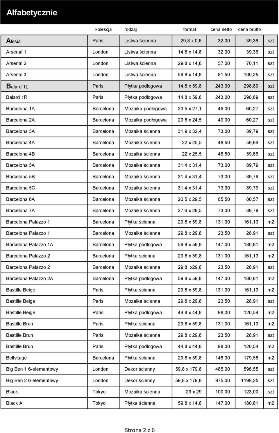 59,8 243,00 298,89 szt Barcelona 1A Barcelona Mozaika podłogowa 23,5 x 27,1 49,00 60,27 szt Barcelona 2A Barcelona Mozaika podłogowa 29,8 x 24,5 49,00 60,27 szt Barcelona 3A Barcelona Mozaika ścienna