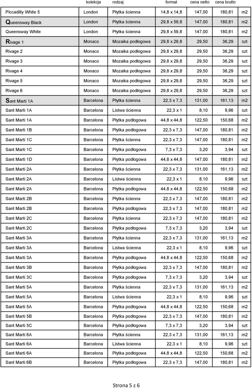 Rivage 4 Monaco Mozaika podłogowa 29,8 x 29,8 29,50 36,29 szt Rivage 5 Monaco Mozaika podłogowa 29,8 x 29,8 29,50 36,29 szt Rivage 6 Monaco Mozaika podłogowa 29,8 x 29,8 29,50 36,29 szt Sant Marti 1A