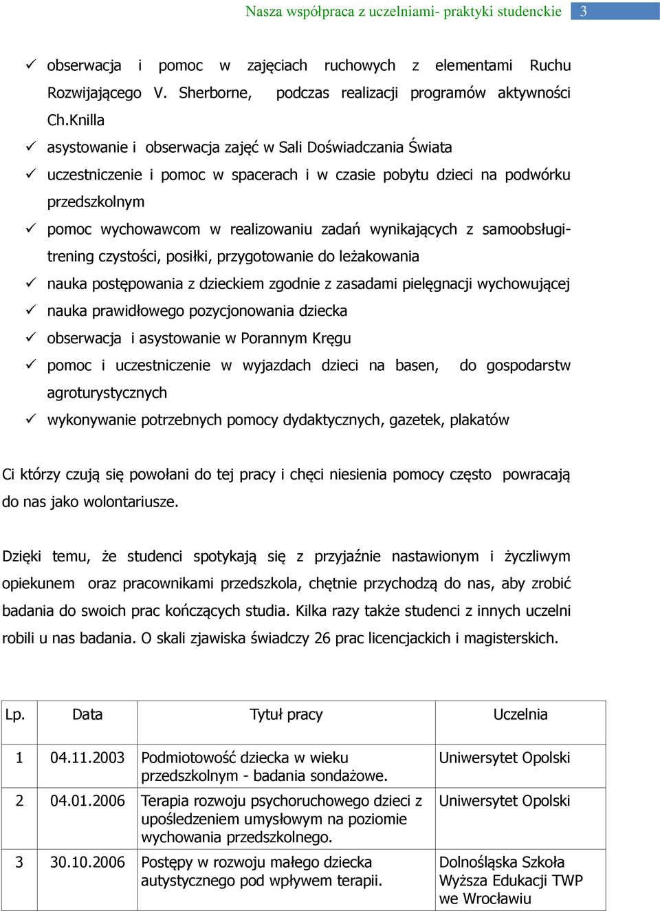 wynikających z samoobsługitrening czystości, posiłki, przygotowanie do leżakowania nauka postępowania z dzieckiem zgodnie z zasadami pielęgnacji wychowującej nauka prawidłowego pozycjonowania dziecka