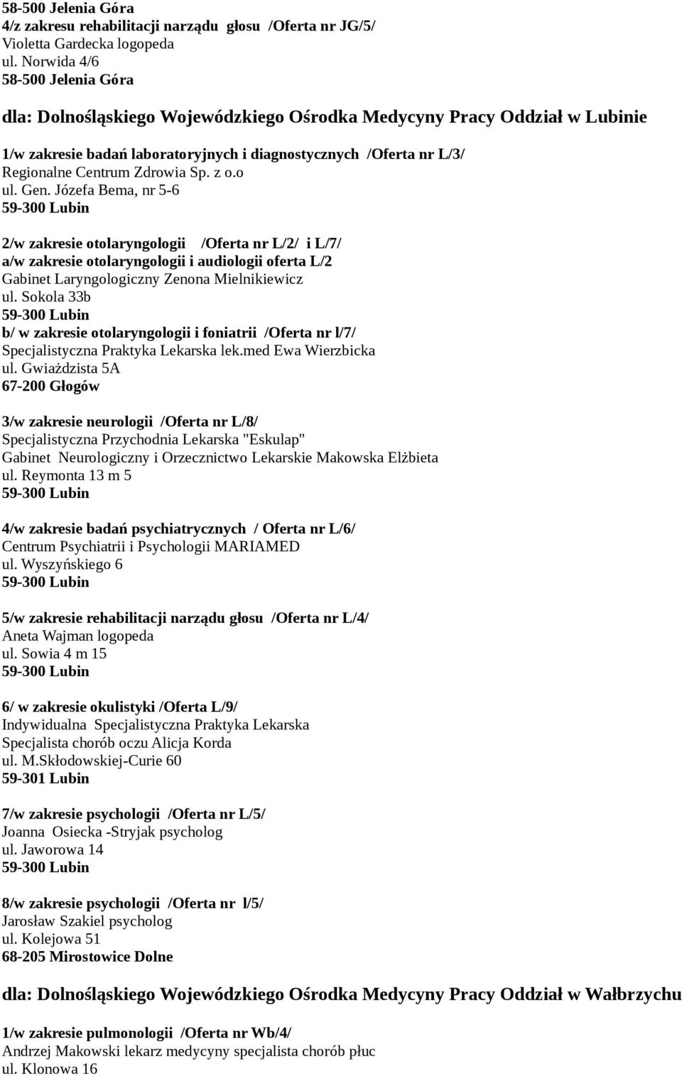 Zdrowia Sp. z o.o ul. Gen. Józefa Bema, nr 5-6 2/w zakresie otolaryngologii /Oferta nr L/2/ i L/7/ a/w zakresie otolaryngologii i audiologii oferta L/2 Gabinet Laryngologiczny Zenona Mielnikiewicz ul.