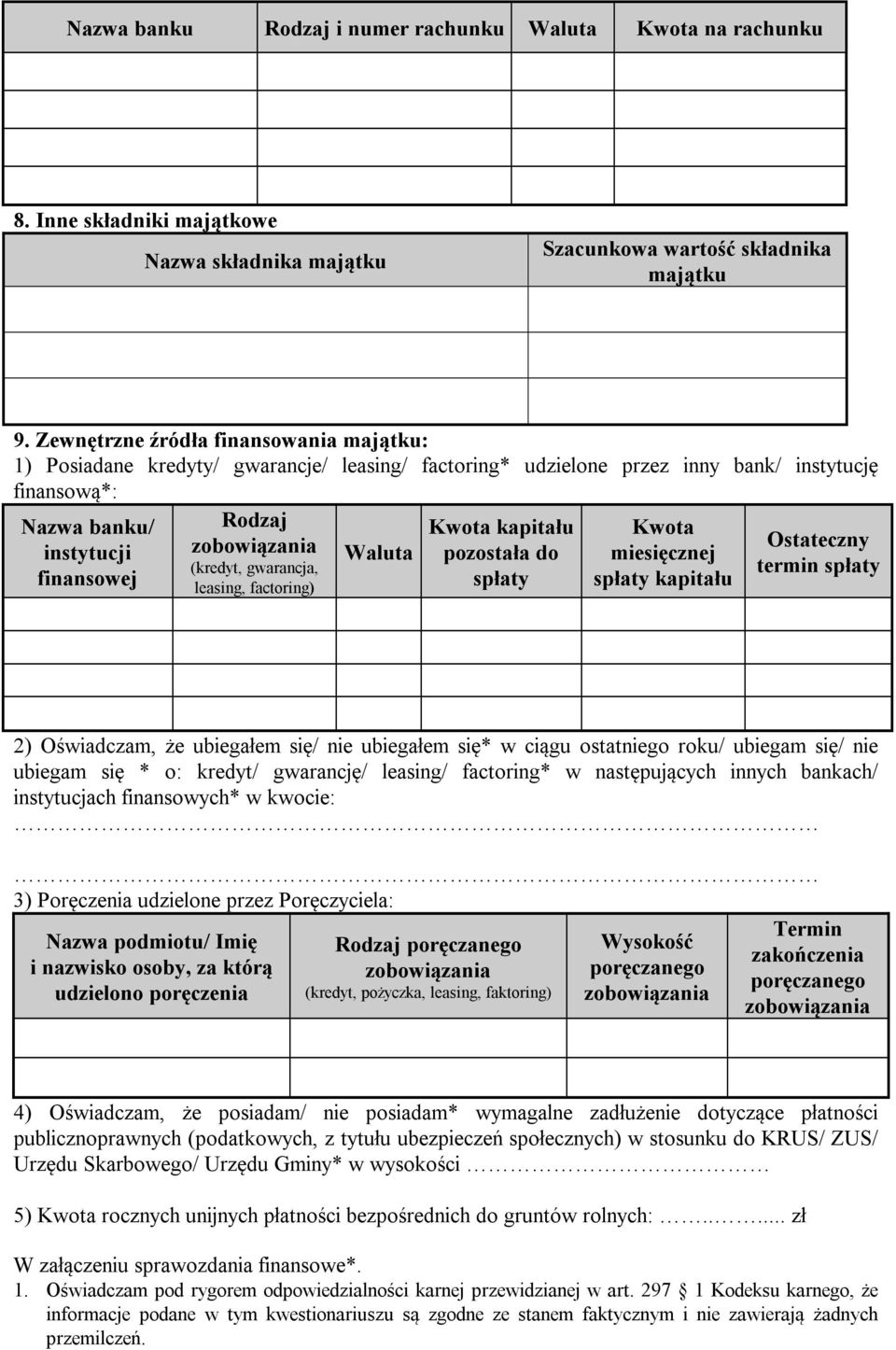 gwarancja, leasing, factoring) Waluta Kwota kapitału pozostała do spłaty Kwota miesięcznej spłaty kapitału Ostateczny termin spłaty 2) Oświadczam, że ubiegałem się/ nie ubiegałem się* w ciągu