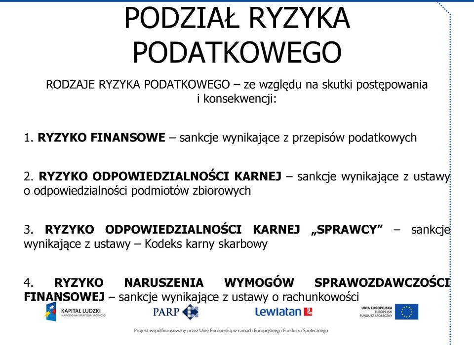 RYZYKO ODPOWIEDZIALNOŚCI KARNEJ sankcje wynikające z ustawy o odpowiedzialności podmiotów zbiorowych 3.