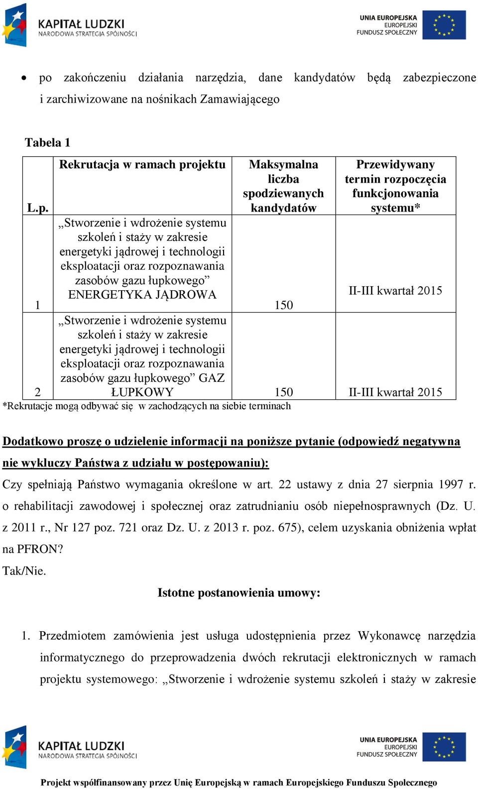 rozpoczęcia funkcjonowania systemu* II-III kwartał 2015 150 Stworzenie i wdrożenie systemu szkoleń i staży w zakresie energetyki jądrowej i technologii eksploatacji oraz rozpoznawania zasobów gazu