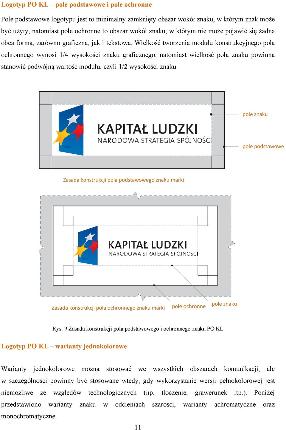 Wielkość tworzenia modułu konstrukcyjnego pola ochronnego wynosi 1/4 wysokości znaku graficznego, natomiast wielkość pola znaku powinna stanowić podwójną wartość modułu, czyli 1/2 wysokości znaku.