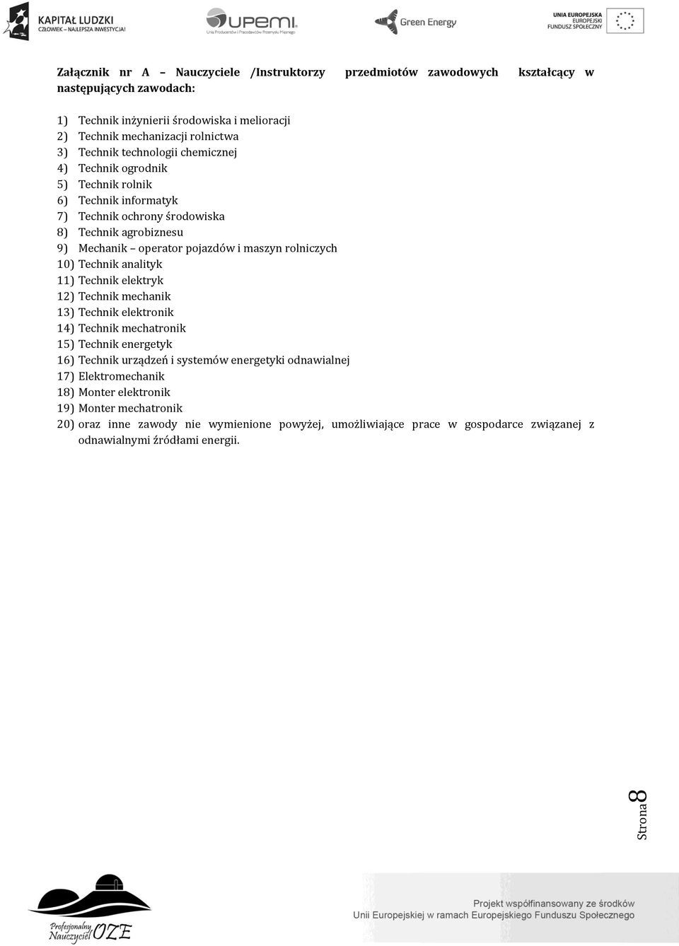 rolniczych 10) Technik analityk 11) Technik elektryk 12) Technik mechanik 13) Technik elektronik 14) Technik mechatronik 15) Technik energetyk 16) Technik urządzeń i systemów energetyki