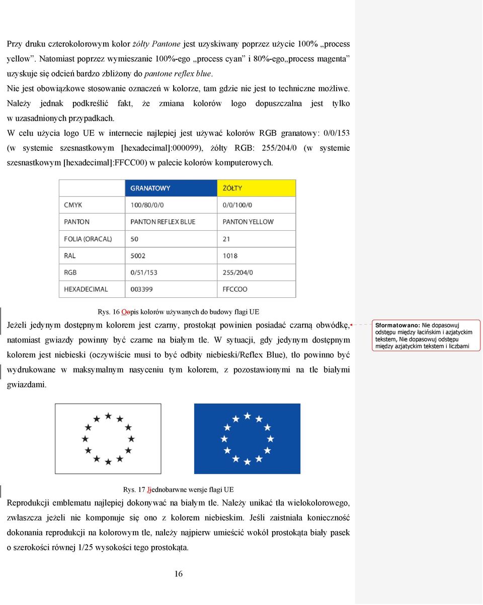 Nie jest obowiązkowe stosowanie oznaczeń w kolorze, tam gdzie nie jest to techniczne możliwe. Należy jednak podkreślić fakt, że zmiana kolorów logo dopuszczalna jest tylko w uzasadnionych przypadkach.