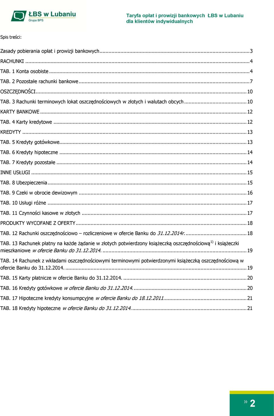 .. 14 TAB. 7 Kredyty pozostałe... 14 INNE USŁUGI... 15 TAB. 8 Ubezpieczenia... 15 TAB. 9 Czeki w obrocie dewizowym... 16 TAB. 10 Usługi różne... 17 TAB. 11 Czynności kasowe w otych.