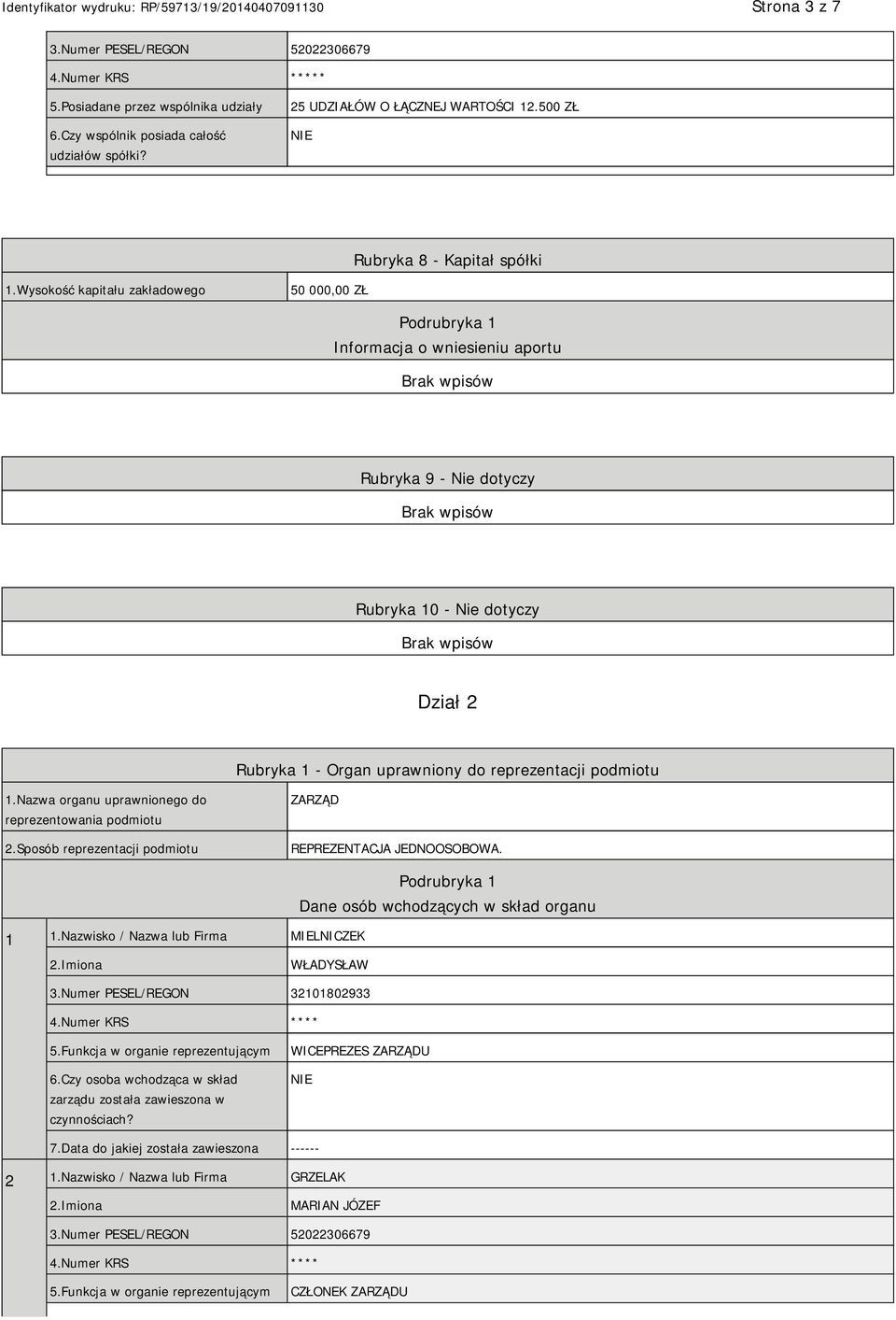 Wysokość kapitału zakładowego 50 000,00 ZŁ Podrubryka 1 Informacja o wniesieniu aportu Rubryka 9 - Nie dotyczy Rubryka 10 - Nie dotyczy Dział 2 Rubryka 1 - Organ uprawniony do reprezentacji podmiotu