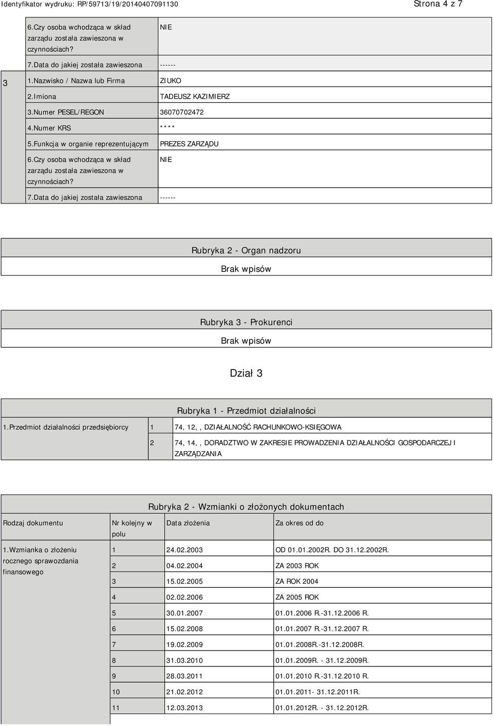 Data do jakiej została zawieszona ------ Rubryka 2 - Organ nadzoru Rubryka 3 - Prokurenci Dział 3 Rubryka 1 - Przedmiot działalności 1.