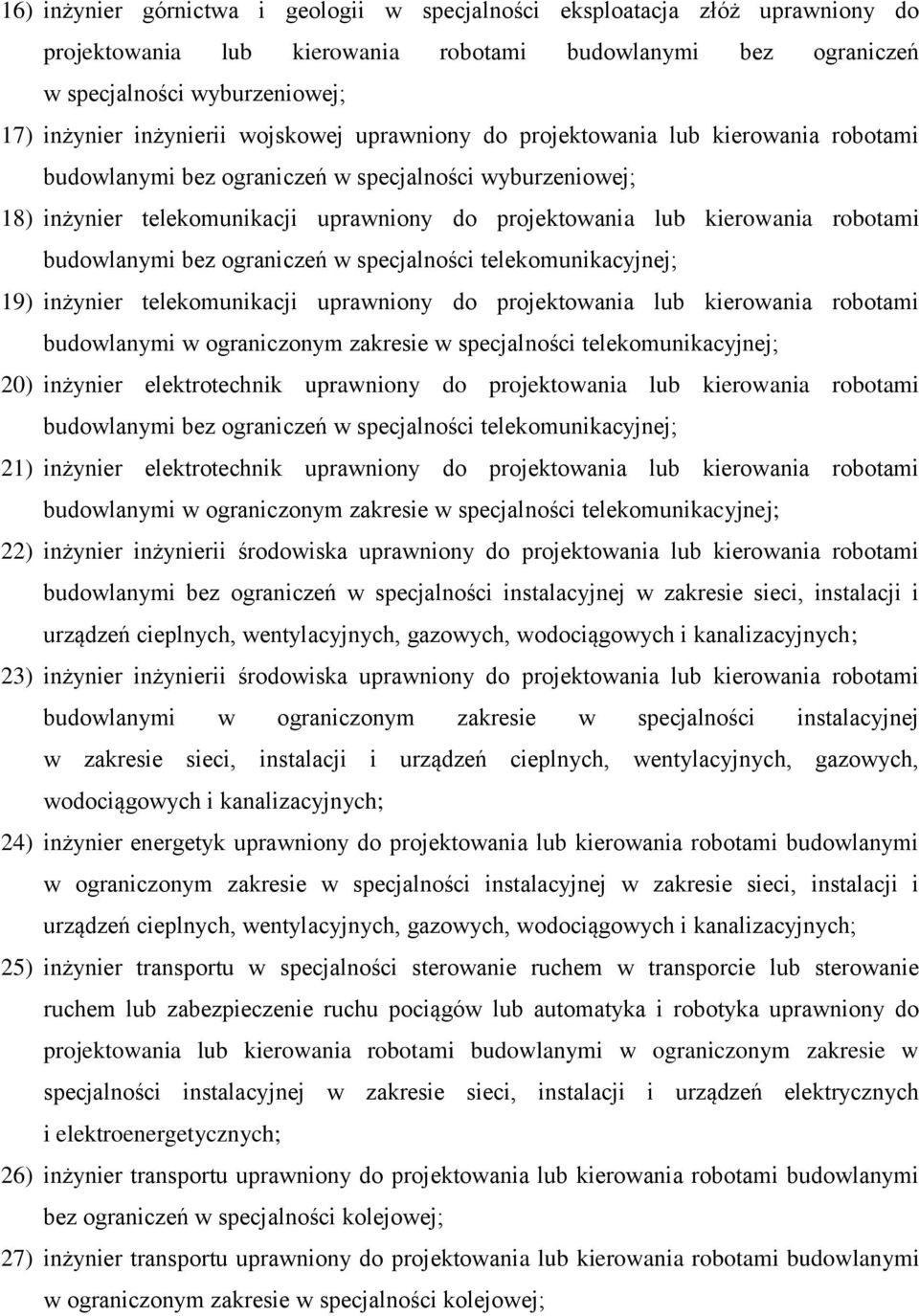 budowlanymi bez ograniczeń w specjalności telekomunikacyjnej; 19) inżynier telekomunikacji uprawniony do projektowania lub kierowania robotami budowlanymi w ograniczonym zakresie w specjalności