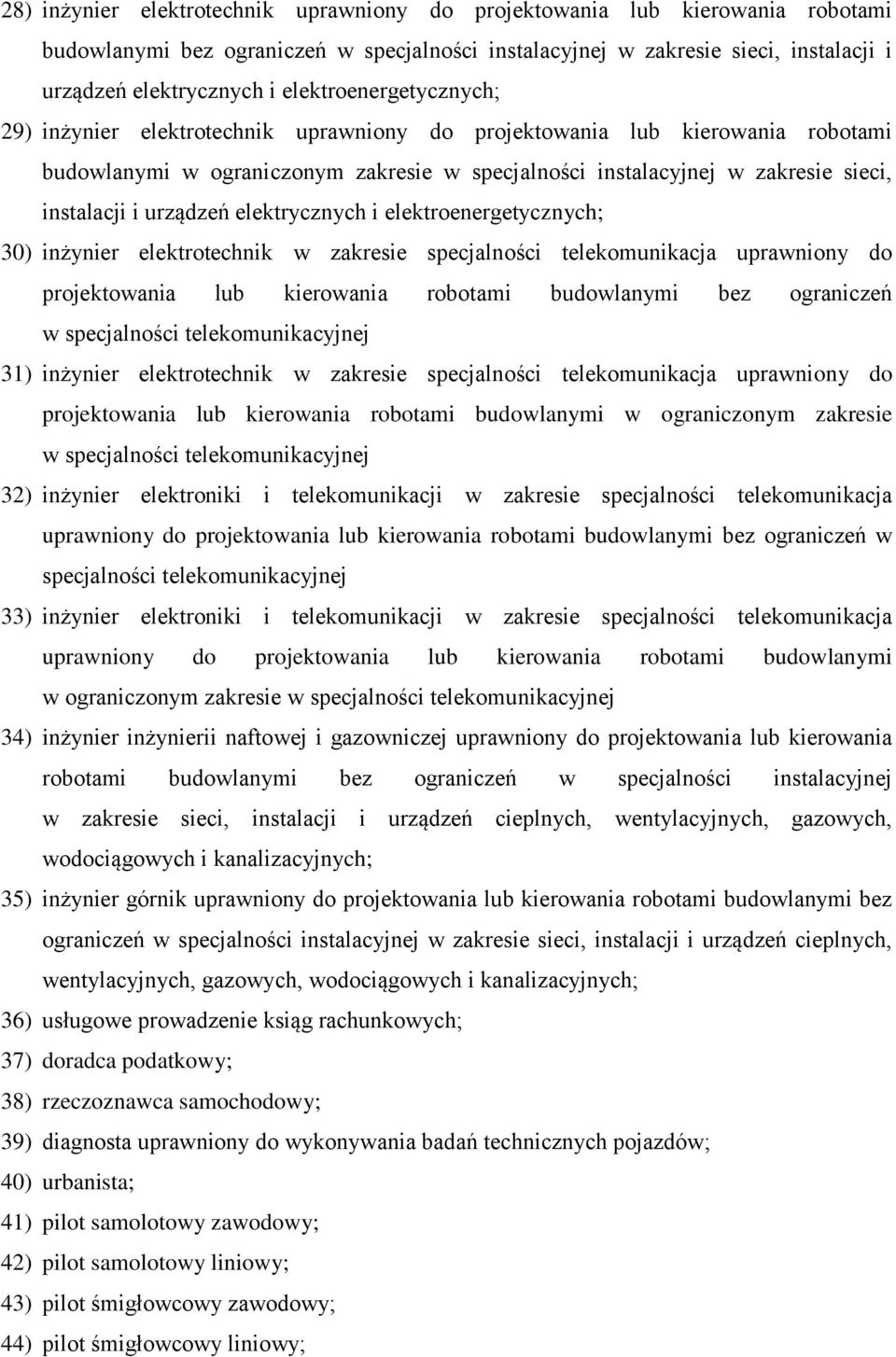 urządzeń elektrycznych i elektroenergetycznych; 30) inżynier elektrotechnik w zakresie specjalności telekomunikacja uprawniony do projektowania lub kierowania robotami budowlanymi bez ograniczeń w