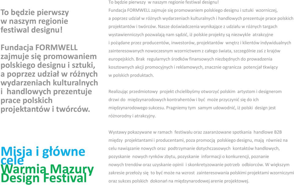 Misja i główne cele Warmia Mazury  Fundacja FORMWELL zajmuje się promowaniem polskiego designu i sztuki wzorniczej, a poprzez udział w różnych wydarzeniach kulturalnych i handlowych prezentuje prace