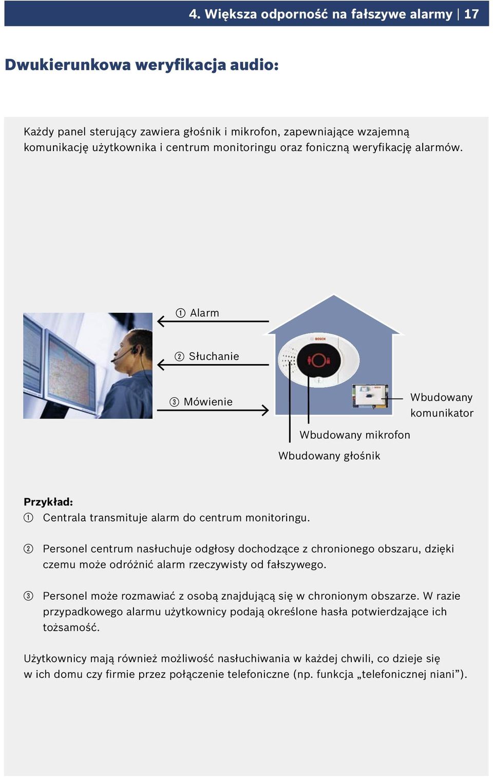 2 Personel centrum nasłuchuje odgłosy dochodzące z chronionego obszaru, dzięki czemu może odróżnić alarm rzeczywisty od fałszywego.