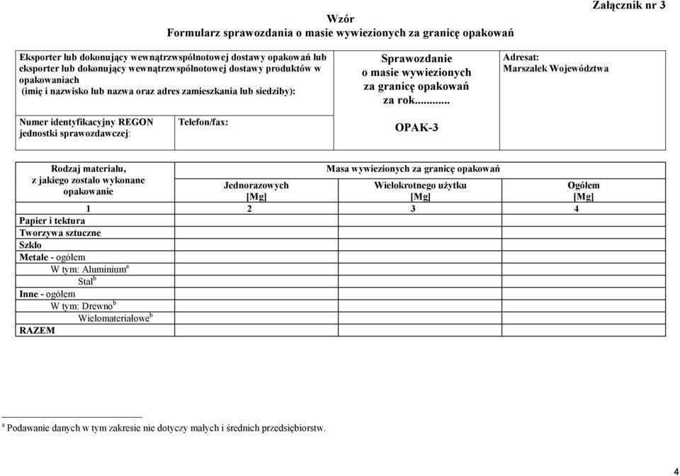 .. Adresat: Marszałek Województwa Numer identyfikacyjny REGON jednostki sprawozdawczej: Telefon/fax: OPAK-3 Rodzaj materiału, z jakiego zostało wykonane opakowanie Masa wywiezionych za granicę