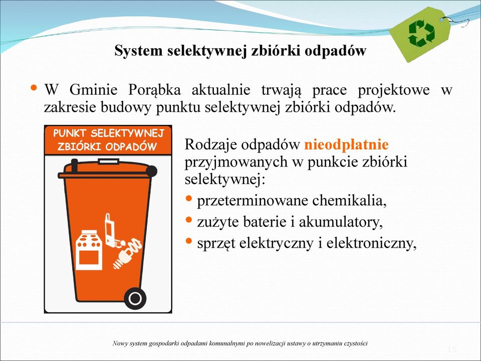 Rodzaje odpadów nieodpłatnie przyjmowanych w punkcie zbiórki selektywnej: