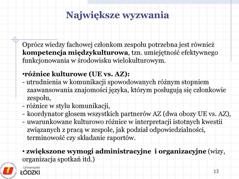 AZ): - utrudnienia w komunikacji spowodowanych różnym stopniem zaawansowania znajomości języka, którym posługują się członkowie zespołu, - różnice w stylu komunikacji, -