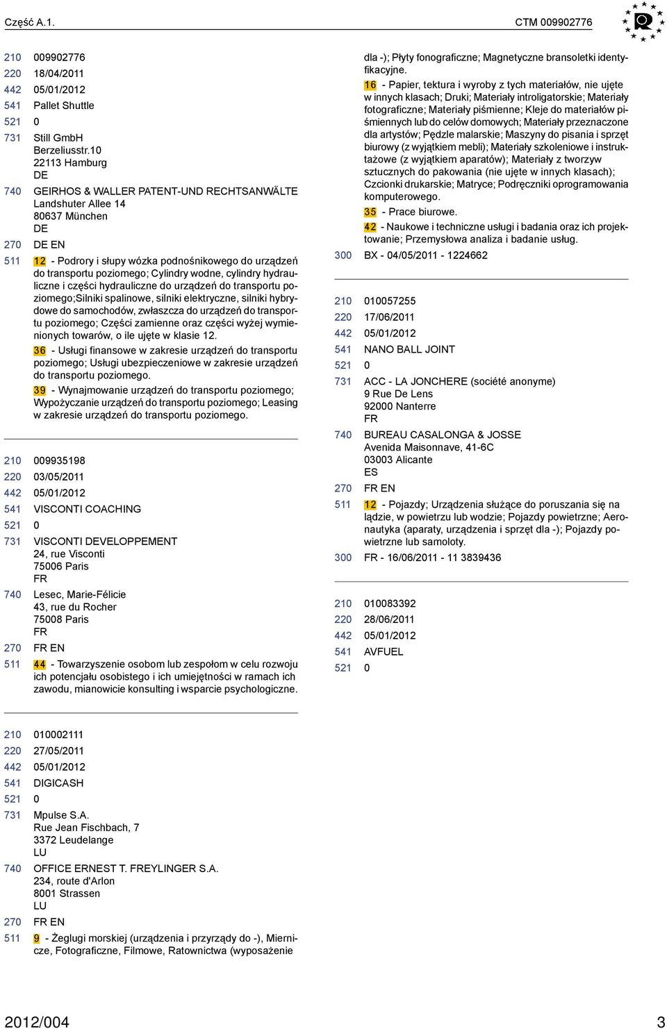 hydrauliczne i części hydrauliczne do urządzeń do transportu poziomego;silniki spalinowe, silniki elektryczne, silniki hybrydowe do samochodów, zwłaszcza do urządzeń do transportu poziomego; Części