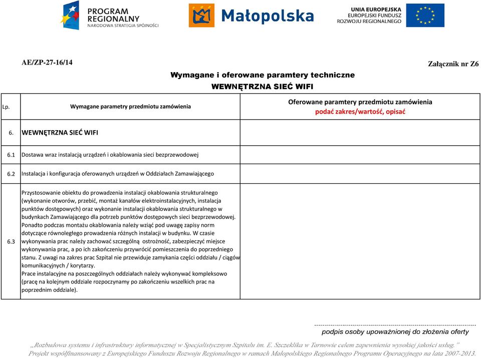 1 Dostawa wraz instalacją urządzeń i okablowania sieci bezprzewodowej 6.2 Instalacja i konfiguracja oferowanych urządzeń w Oddziałach Zamawiającego 6.