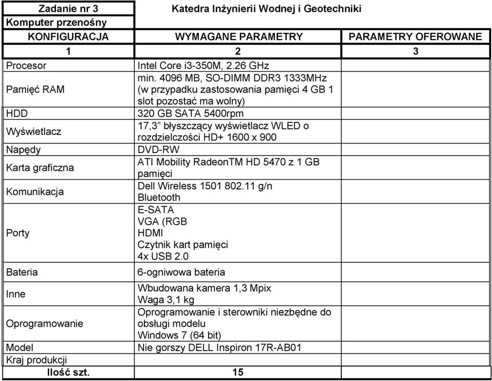 błyszczący wyświetlacz WLED o rozdzielczości HD+ 1600 x 900 DVD-RW ATI Mobility RadeonTM HD 5470 z 1 GB pamięci Dell Wireless