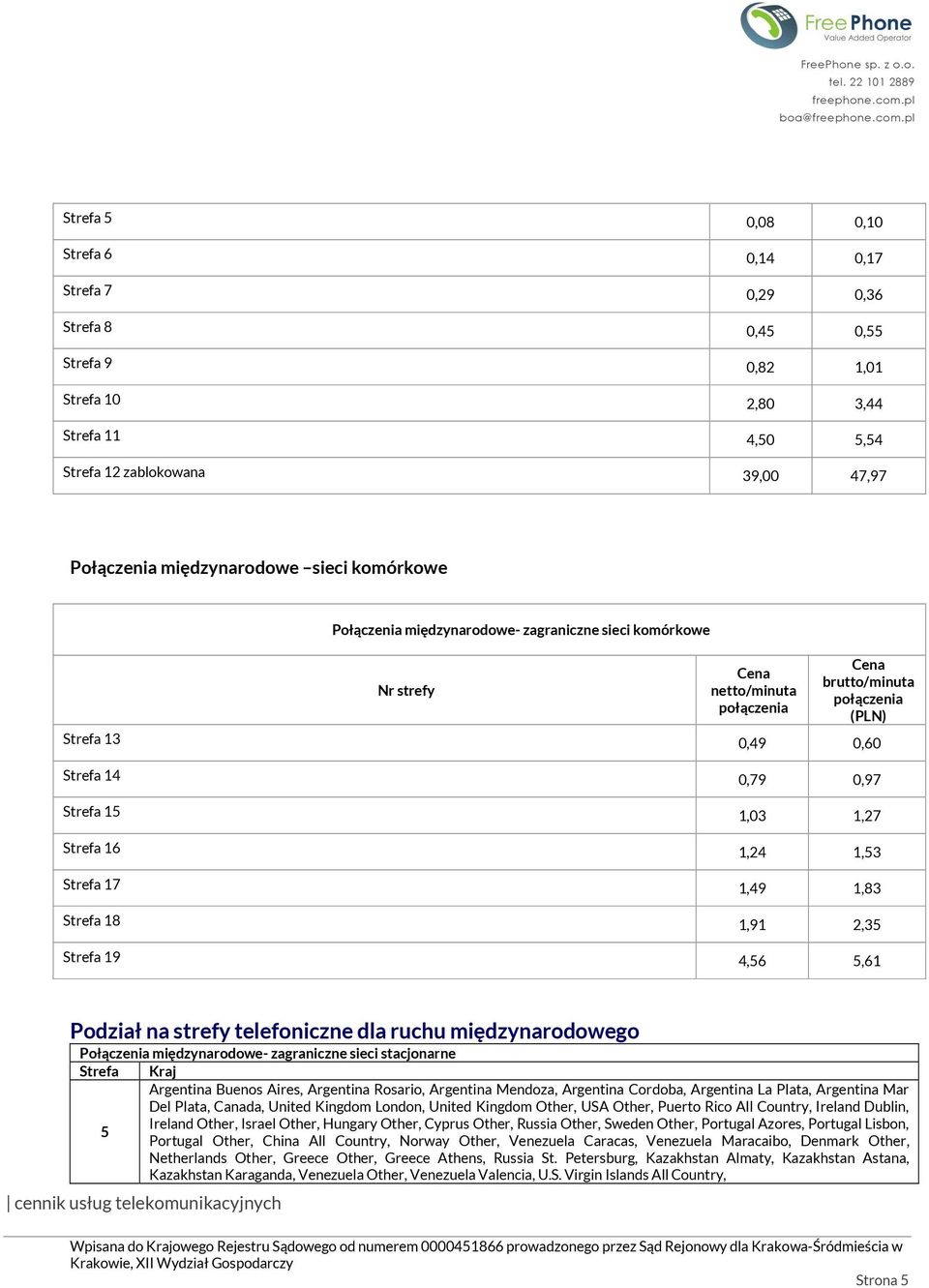 1,49 1,83 Strefa 18 1,91 2,35 Strefa 19 4,56 5,61 Podział na strefy telefoniczne dla ruchu międzynarodowego Połączenia międzynarodowe- zagraniczne sieci stacjonarne Strefa Kraj Argentina Buenos