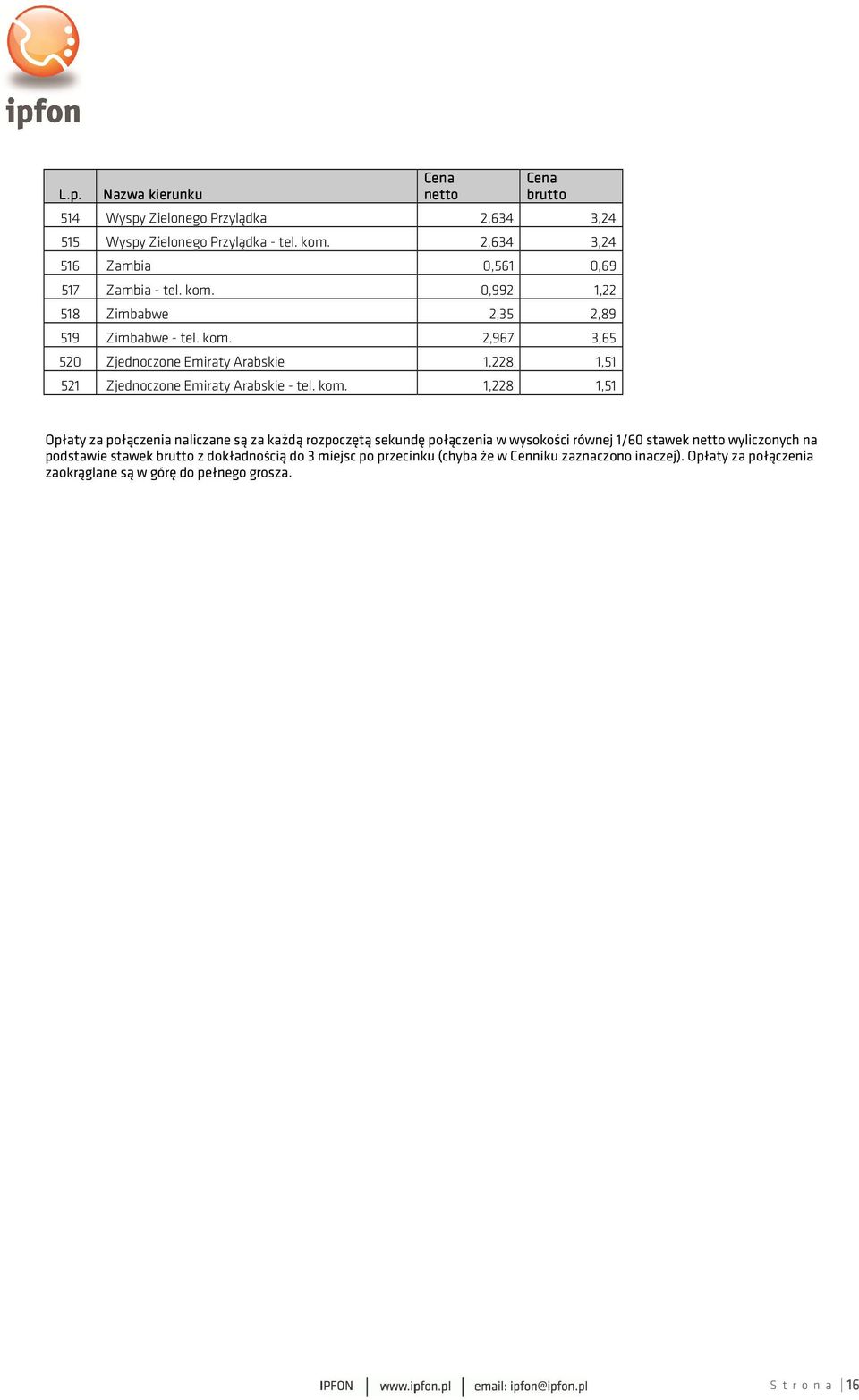 1,228 1,51 Opłaty za połączenia naliczane są za każdą rozpoczętą sekundę połączenia w wysokości równej 1/60 stawek wyliczonych na podstawie stawek z