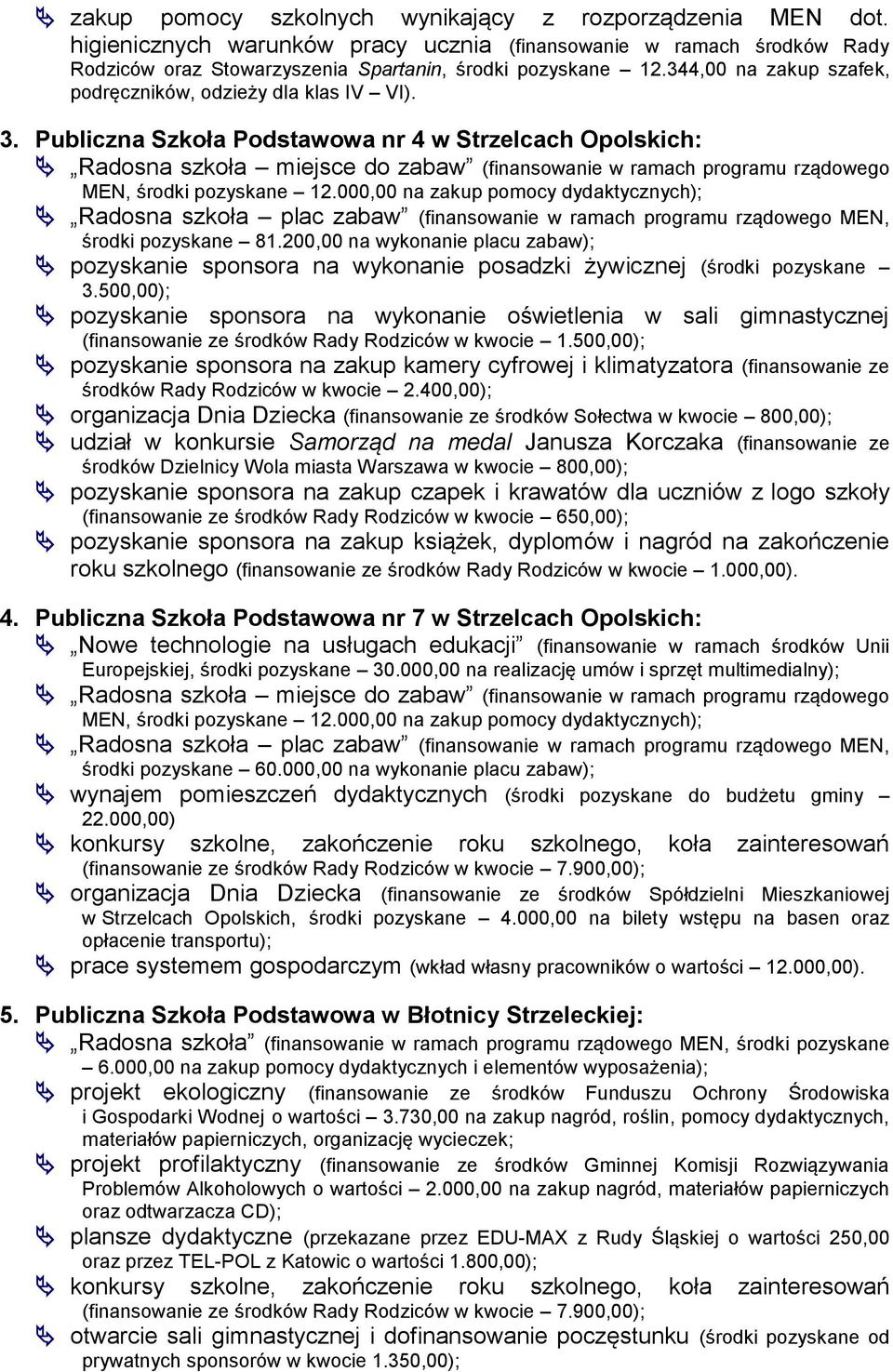 000,00 na zakup pomocy dydaktycznych); Radosna szkoła plac zabaw (finansowanie w ramach programu rządowego MEN, środki pozyskane 81.