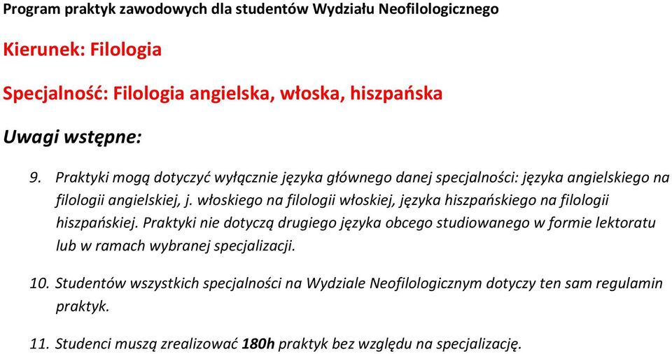 włoskiego na filologii włoskiej, języka hiszpańskiego na filologii hiszpańskiej.